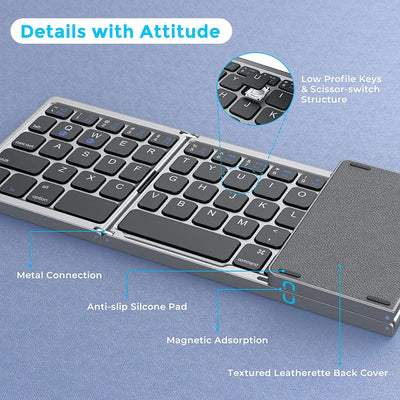 Bluetooth 5.1 Keyboard 3-Folding Mini Keyboard Rechargeable Foldable Keyboard with Touchpad - LKBA