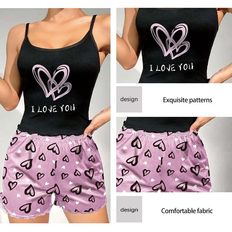 Women's Milk Silk Pajamas Set Summer Sleeveless Heart Print Shorts Sleepwear Sexy Comfortable Loungewear Two Piece - LKBA