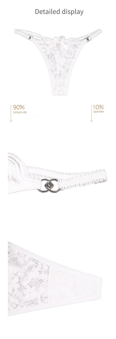 Fashion Sexy Thongs Women Bow Spaghetti Lace Panties Female Plus Size Metal Buckle Erotic Panties Comfortable G-String Wife Gift - LKBA
