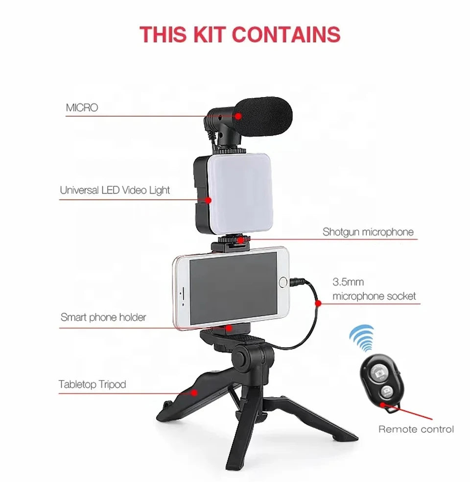 Smartphone Vlogging Kit with Tripod Phone Holder Mini Microphone LED Fill Light - LKBA