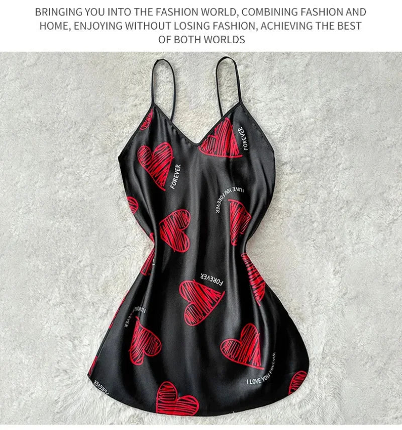 Valentine's Day Red Lip Print Satin Slip Nightdress V Neck Backless Mini Sleep Dress Women's Sleepwear Dresses - LKBA