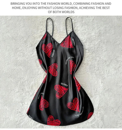 Valentine's Day Red Lip Print Satin Slip Nightdress V Neck Backless Mini Sleep Dress Women's Sleepwear Dresses - LKBA