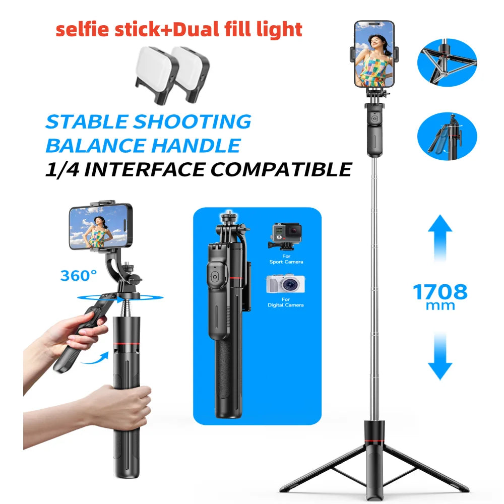 Selfie Stick Tripod with 1708mm Long Monopod Fill Light, Bluetooth Remote, 360° Rotation - LKBA