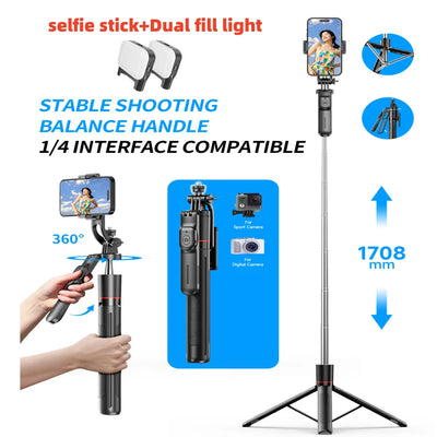 Selfie Stick Tripod with 1708mm Long Monopod Fill Light, Bluetooth Remote, 360° Rotation - LKBA