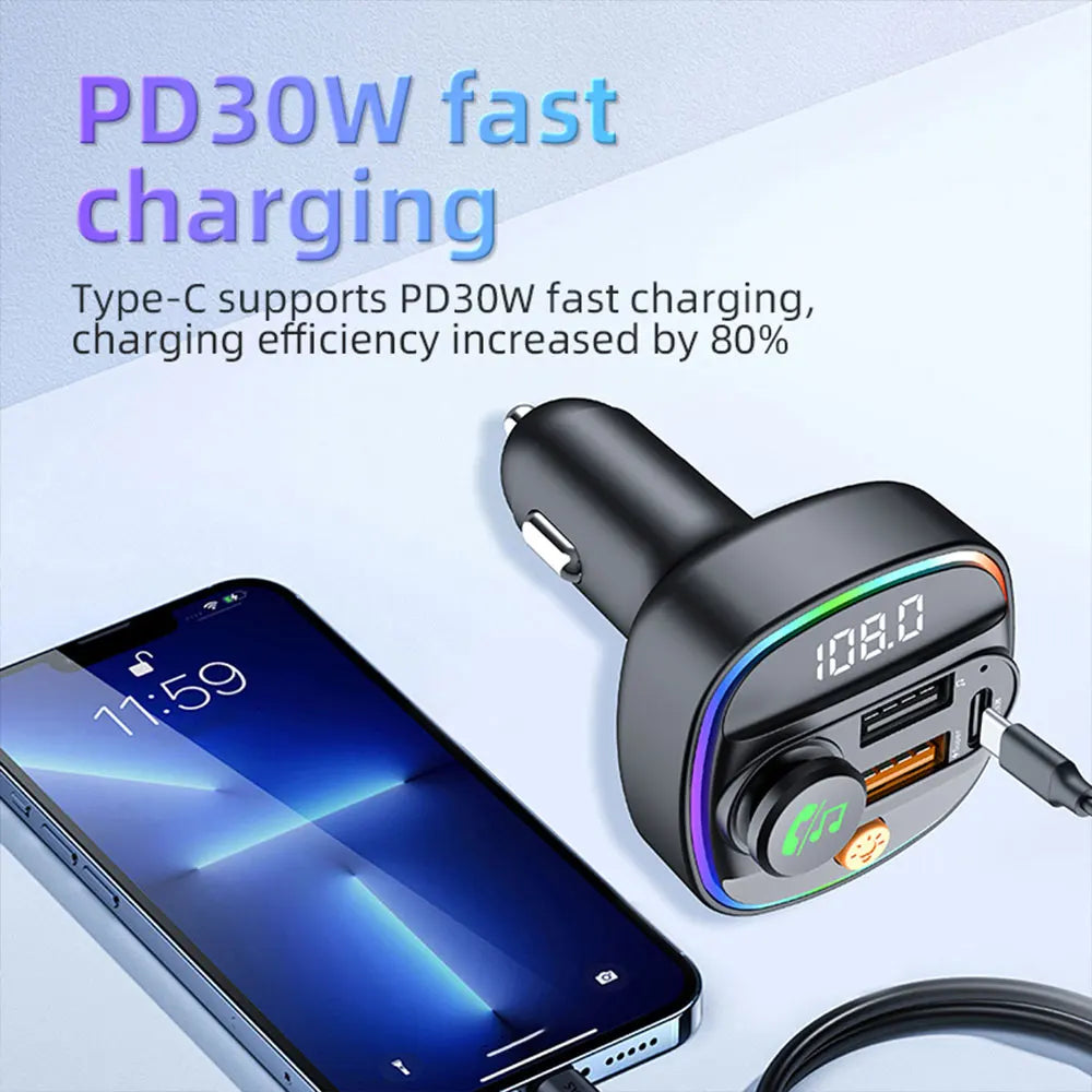Bluetooth 5.3 FM Transmitter Handsfree Car AUX Radio Modulator MP3 Player with 22.5W & PD30W Fast Charge Adapter Car Accessories - LKBA