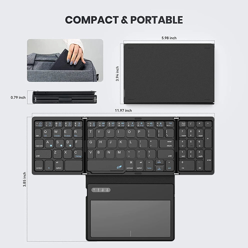 Bluetooth Foldable Keyboard With Touchpad Rechargeable Folding Keyboard with Large Touchpad Tri-Folding Ultra Slim Keyboard - LKBA