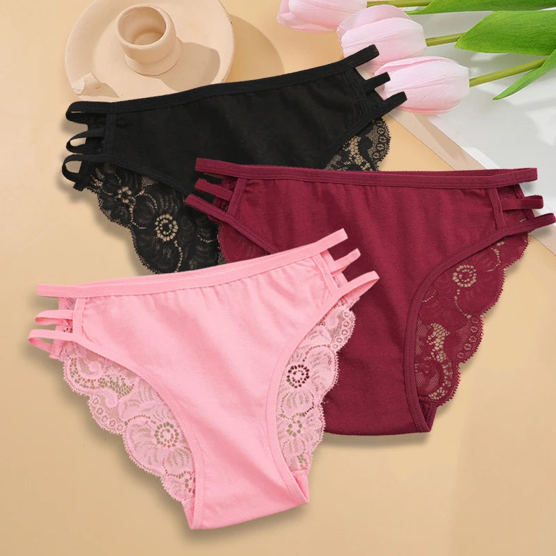 3PC/Set Women's Sexy Floral Lace Panties Low Rise Hollow Out Briefs Transparent Underwear Female Elastic Straps Soft Lingerie