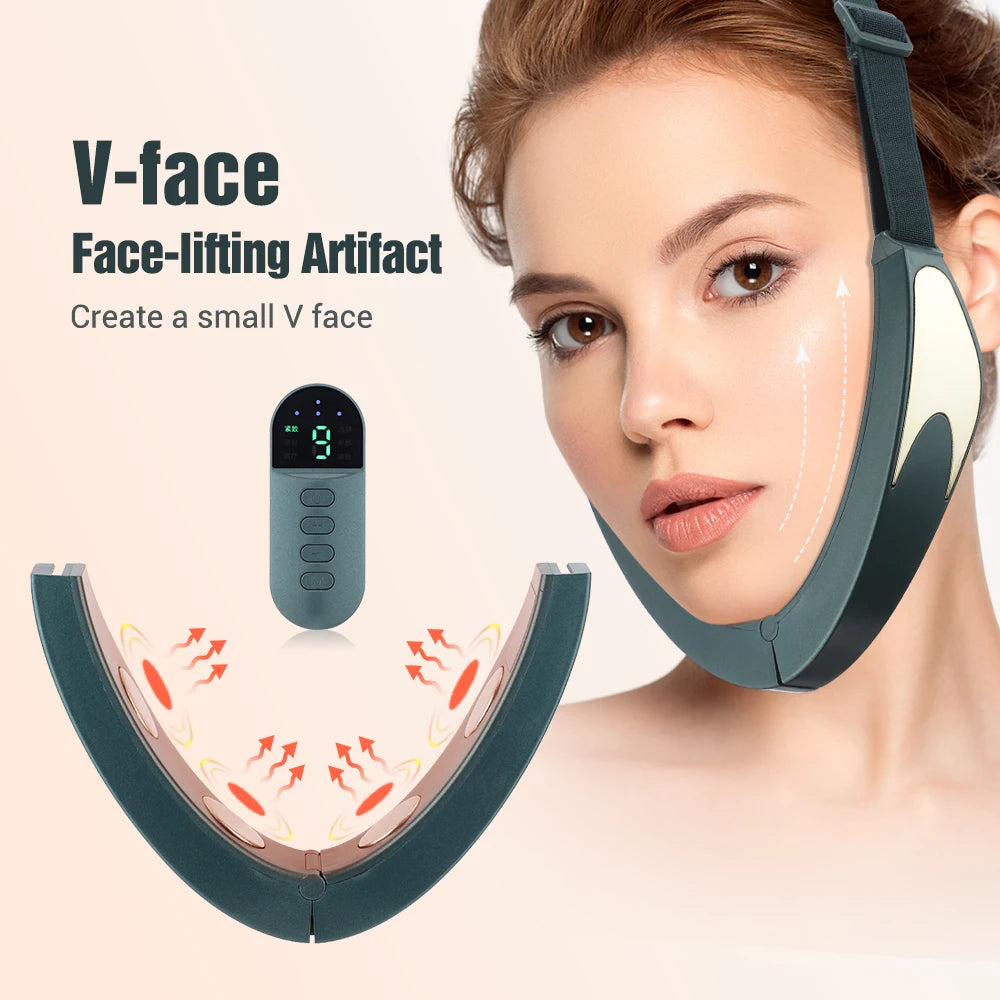 Facial Lifting Device Facial Slimming Vibration Massager Face Heating Double Chin V Shape Lift Belt Face Warm Compress Massager - LKBA