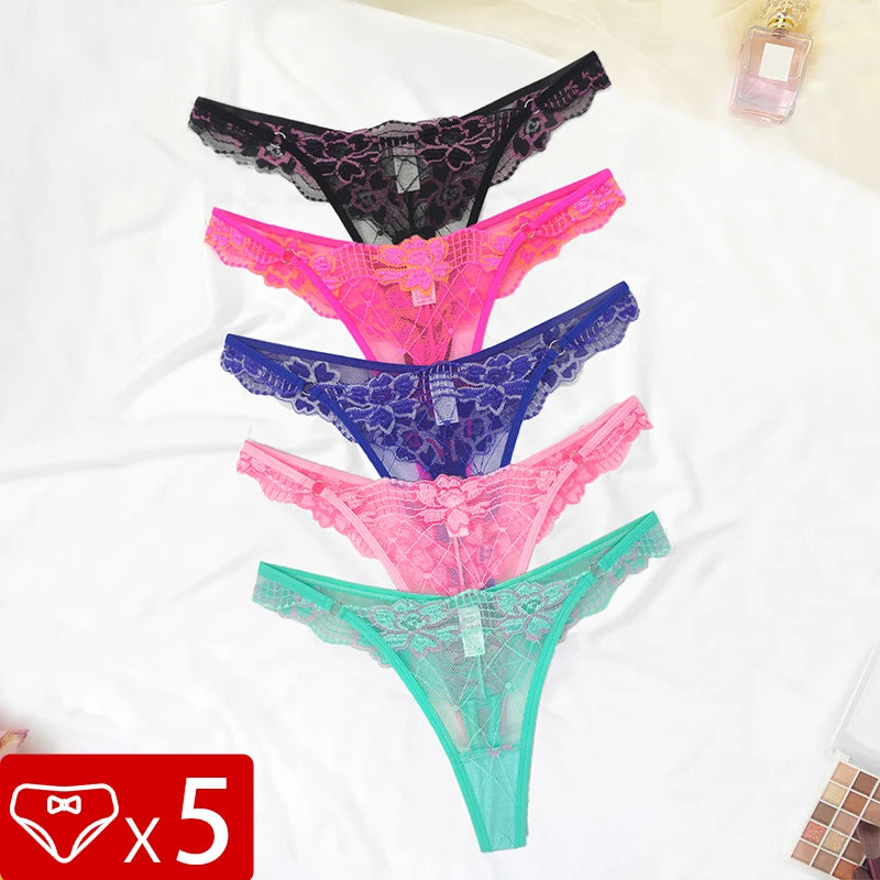 5pcs Lace Ladies G-string Perspective Floral Panties Low Waist Sexy Female Thongs Comfortable Breathable Intimate Lingerie Set - LKBA