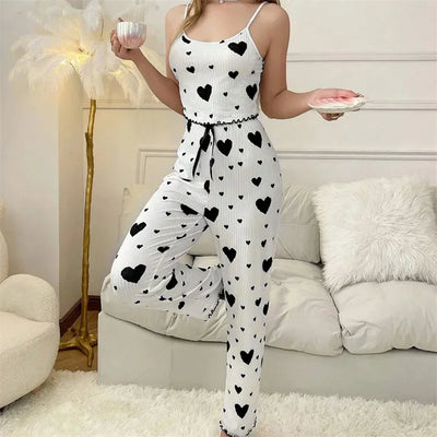 Women Sleepwear Autumn Winter Pajamas Sets Heart Print Sleeveless Cami Vest with Long Pants Trouser Set Sexy Lingerie Pyjamas - LKBA
