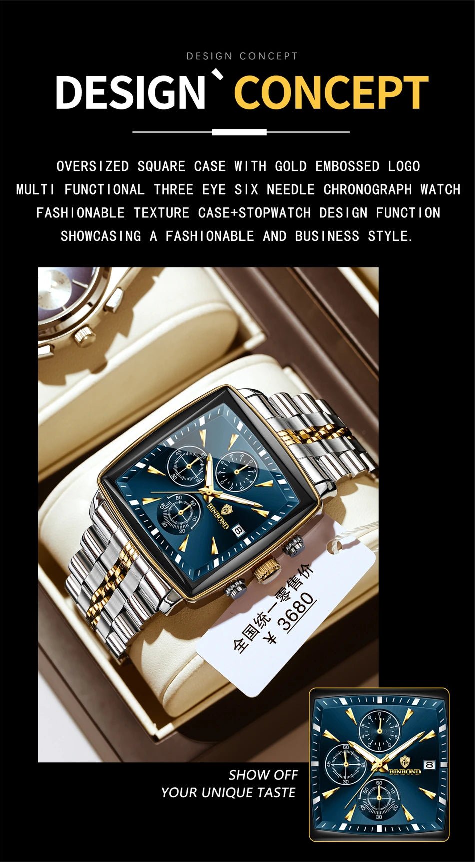 BINBOND Luxury Square Sport Man Wristwatch Waterproof Luminous Chronograph Quartz Men's Watches Stainless Steel Men Watch Reloj - LKBA