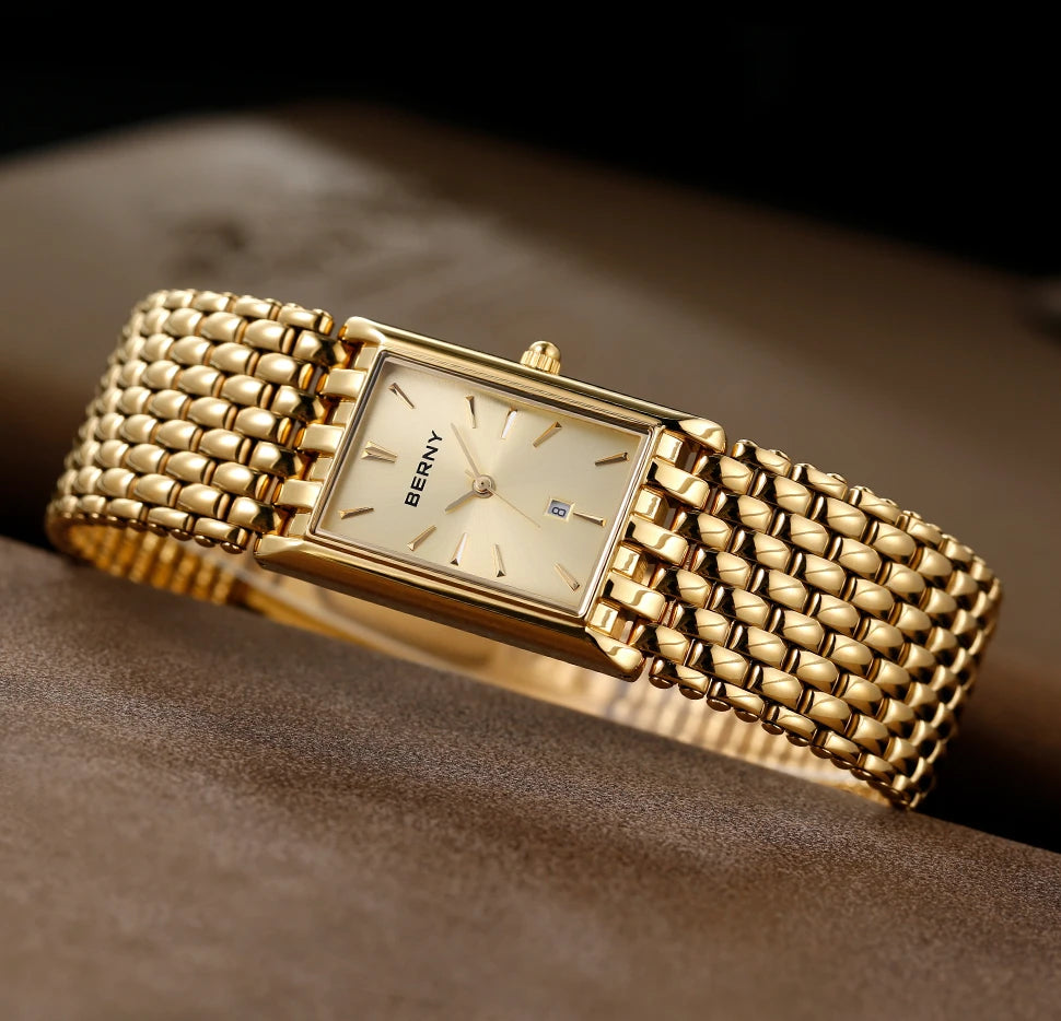 BERNY Gold Watch for Couple Luxury Women/Men Wristwatch Waterproof Golden Clock Quartz Stainless Steel Fashion Men Ladies Watch - LKBA