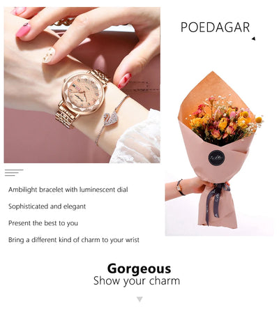POEDAGAR Watch Women New Fashion Luxury Stainless Steel Wristwatch Bracelet Simple Rose Gold Waterproof Luminous Ladies Watches - LKBA