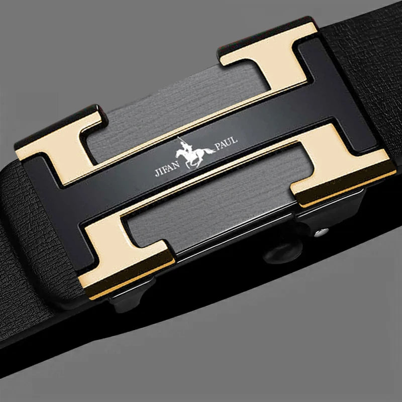 Men's waist belt with H-buckle, genuine leather belt, metal alloy automatic buckle brand - LKBA