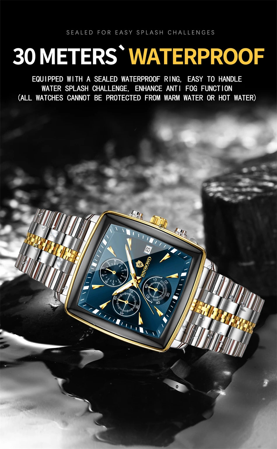 BINBOND Luxury Square Sport Man Wristwatch Waterproof Luminous Chronograph Quartz Men's Watches Stainless Steel Men Watch Reloj - LKBA