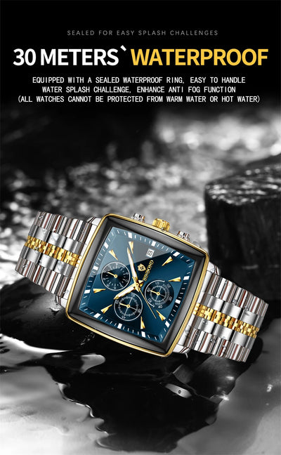 BINBOND Luxury Square Sport Man Wristwatch Waterproof Luminous Chronograph Quartz Men's Watches Stainless Steel Men Watch Reloj - LKBA