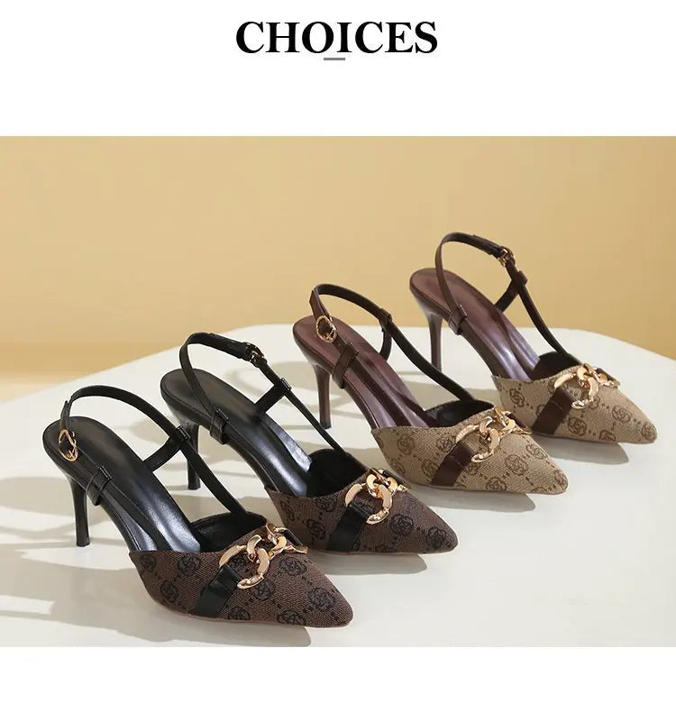 2025 Women's Fashion Baotou Sandals Spring New Pointed Head Shallow Mouth Metal Buckle Anti-slip Wear-resistant High Heels - LKBA