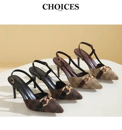 2025 Women's Fashion Baotou Sandals Spring New Pointed Head Shallow Mouth Metal Buckle Anti-slip Wear-resistant High Heels - LKBA