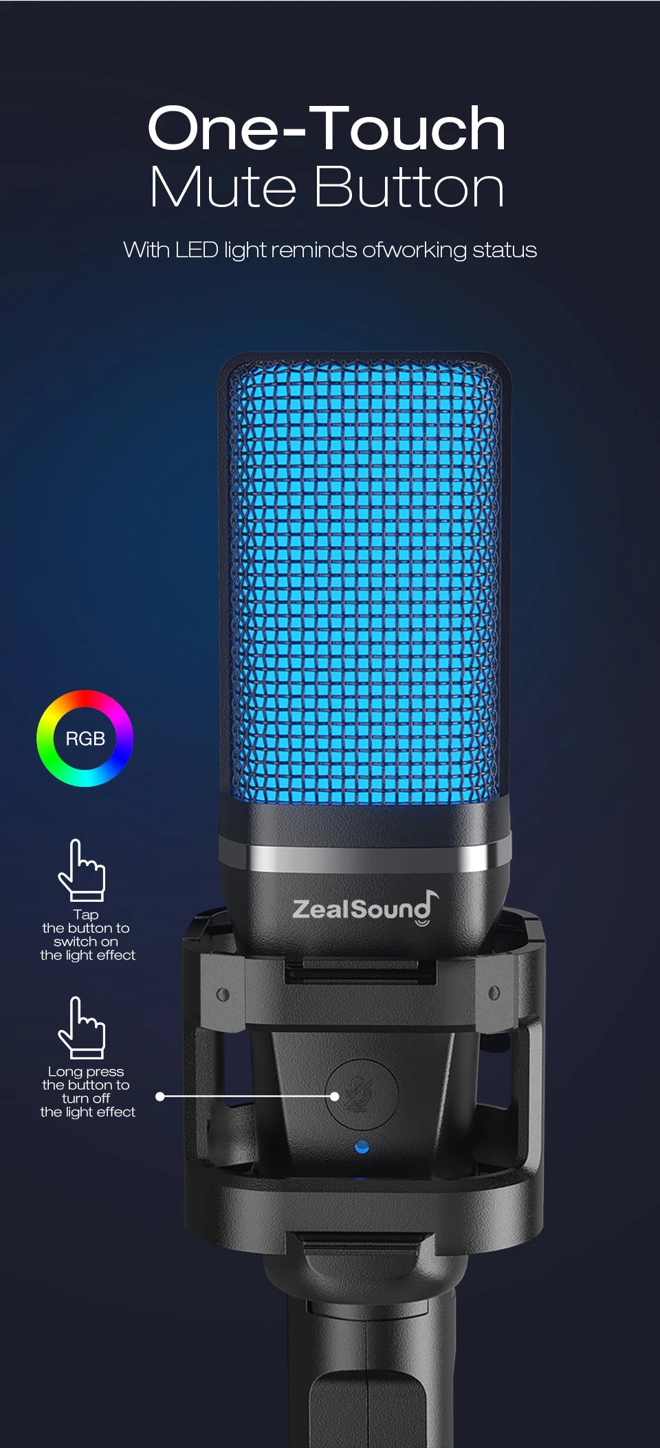 Zealsound RGB USB Condenser Gaming Microphone Computer Professional Mic For PC PS4 PS5 Mac Phone Recording Streaming Podcasting - LKBA