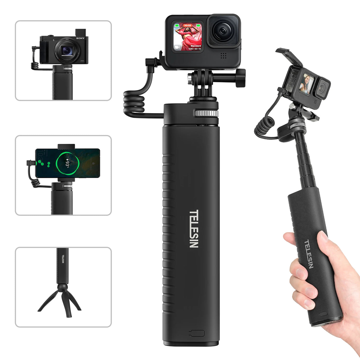 Selfie Stick QC/PD3.0 fast charging Power Selfie Stick 90CM Telescoping Selfie Pole with 1/4 Inch Screw - LKBA