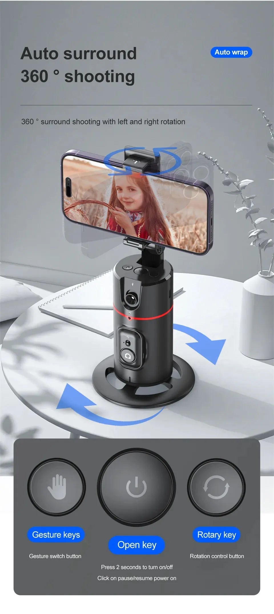 Auto Face Tracking Tripod 360°Rotation, No App, Smart Shooting Phone Holder for Live Video - LKBA