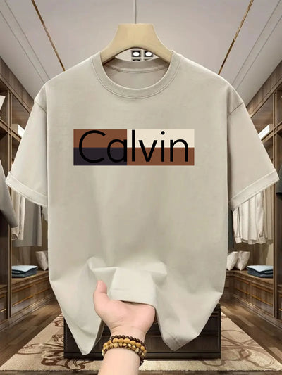 Men's summer 100% pure cotton fashionable casual sports loose Calvin pattern printed round neck short sleeved T-shirt top - LKBA