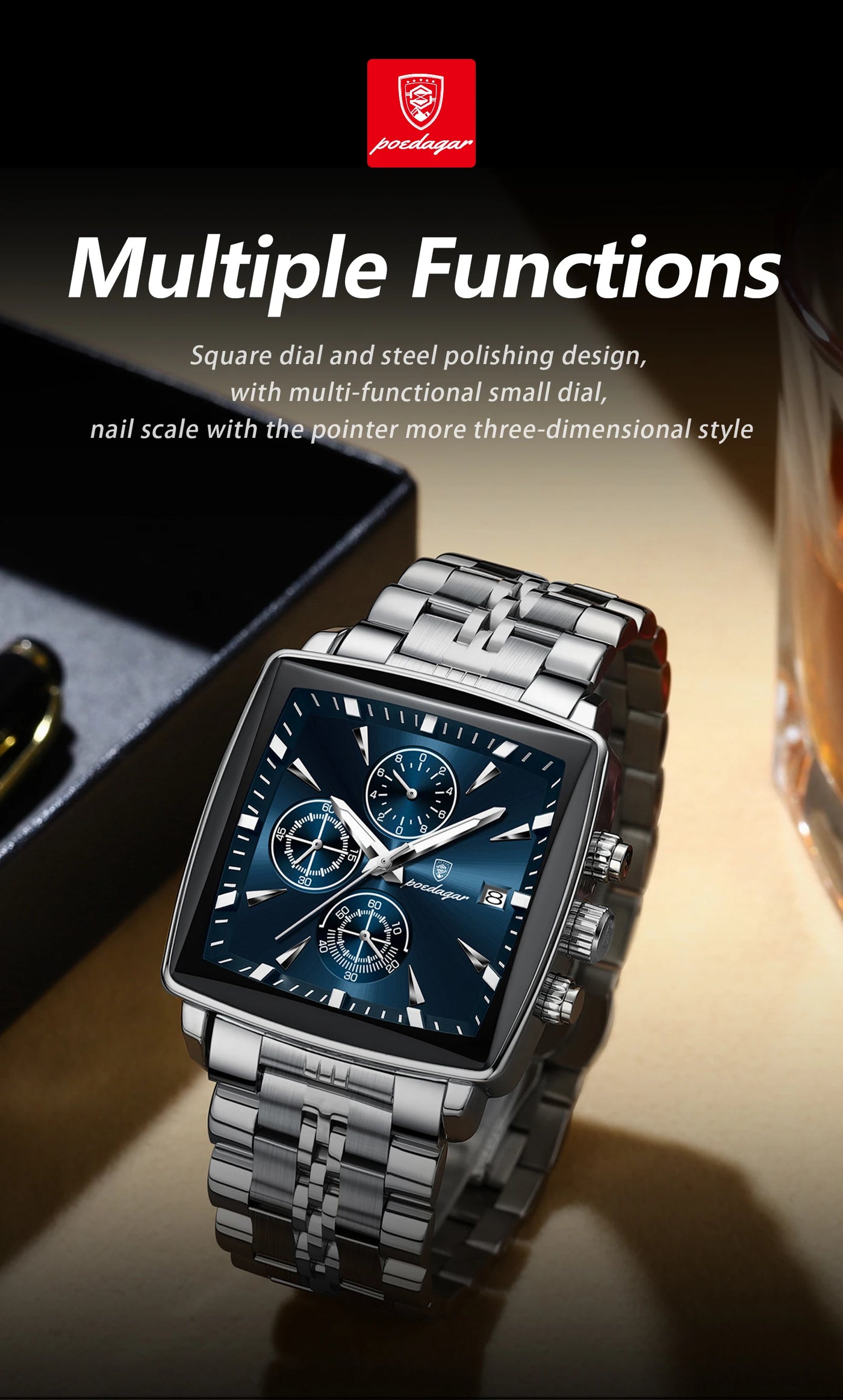 POEDAGAR Square Men Watch Waterproof Luminous Chronograph Calendar Man Wristwatch Stainless Steel Quartz Men's Watches+Box Reloj - LKBA