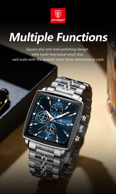 POEDAGAR Square Men Watch Waterproof Luminous Chronograph Calendar Man Wristwatch Stainless Steel Quartz Men's Watches+Box Reloj - LKBA