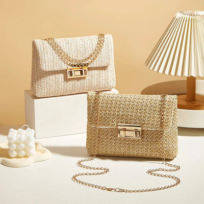 Fashion Straw Women Chain Shoulder Bag Woven High-Capacity Buckle Closure Clutch Handmade - LKBA