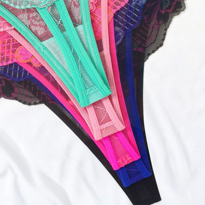 5pcs Lace Ladies G-string Perspective Floral Panties Low Waist Sexy Female Thongs Comfortable Breathable Intimate Lingerie Set - LKBA