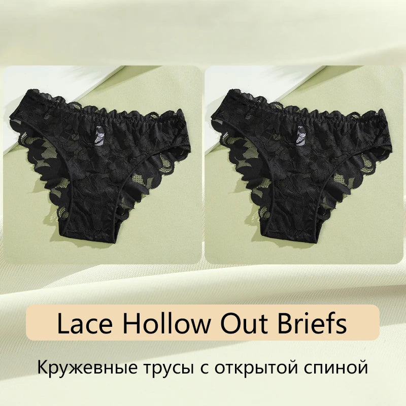 2Pcs Women's Satin Floral Lace Underwear Sexy Hollow Out Panties Solid Low-Waist Perspective Briefs Girls Soft Lingerie