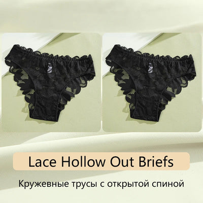 2Pcs Women's Satin Floral Lace Underwear Sexy Hollow Out Panties Solid Low-Waist Perspective Briefs Girls Soft Lingerie