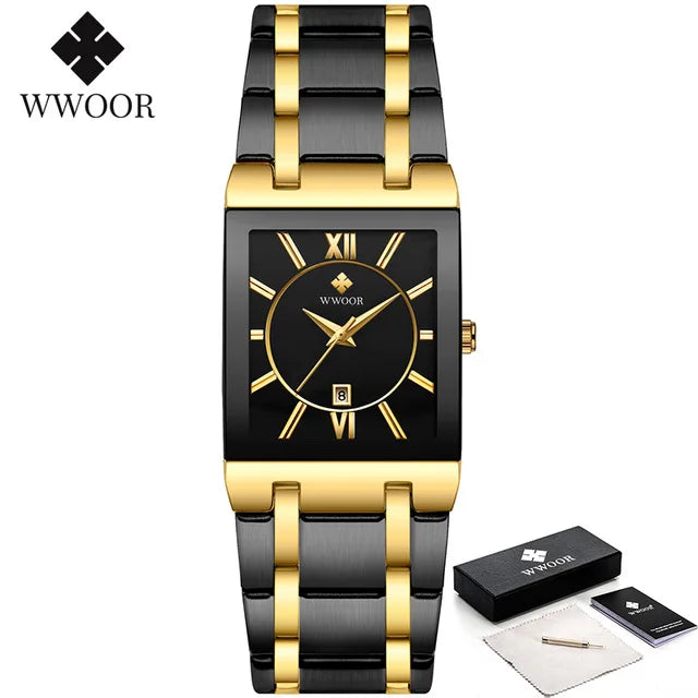 Fashion Stainless Steel Watches Men 2024 WWOOR Square Waterproof Quartz Watch Men Top Brand Luxury Gold Black Wristwatch For Man