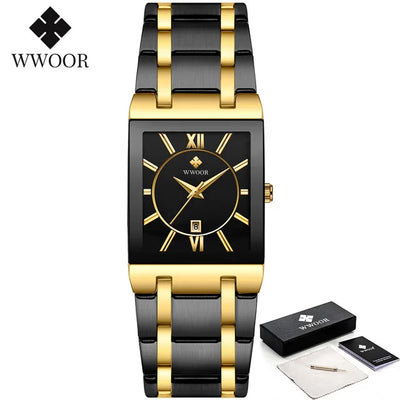 Fashion Stainless Steel Watches Men 2024 WWOOR Square Waterproof Quartz Watch Men Top Brand Luxury Gold Black Wristwatch For Man