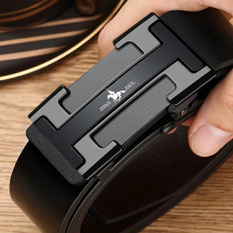 Men's waist belt with H-buckle, genuine leather belt, metal alloy automatic buckle brand - LKBA