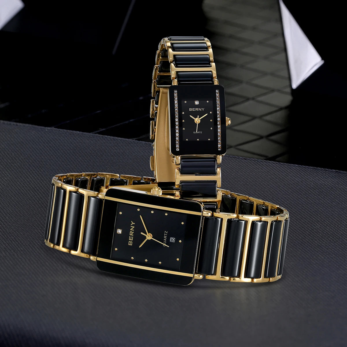 BERNY Ceramic Quartz Men Watch Fashion Luxury Rectangle Wristwatch XV12 Waterproof Calendar Diamon Black Gold Couple Gifts Watch - LKBA