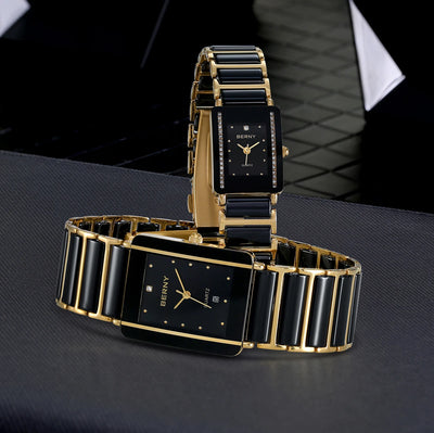 BERNY Ceramic Quartz Men Watch Fashion Luxury Rectangle Wristwatch XV12 Waterproof Calendar Diamon Black Gold Couple Gifts Watch - LKBA