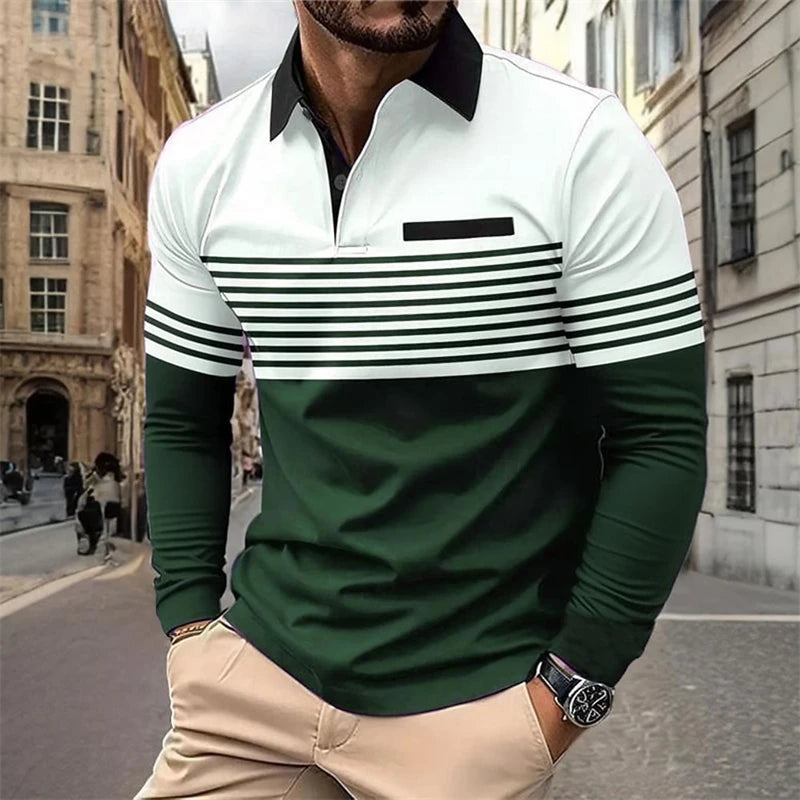 Men's Horizontal Stripes Graphic Polo Fall Winter Long Sleeve Polo Shirts Athleisure Daily Wear 3D Print Breathable Buttons Tops - LKBA