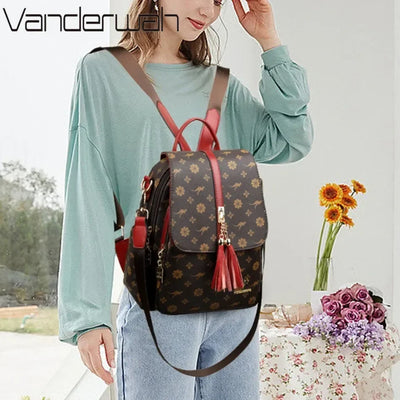 Ladies Backpack Designer High Quality Leather Women Bag Luxury Fashion Printing Tassel School Bags Large Capacity Backpacks Sac - LKBA