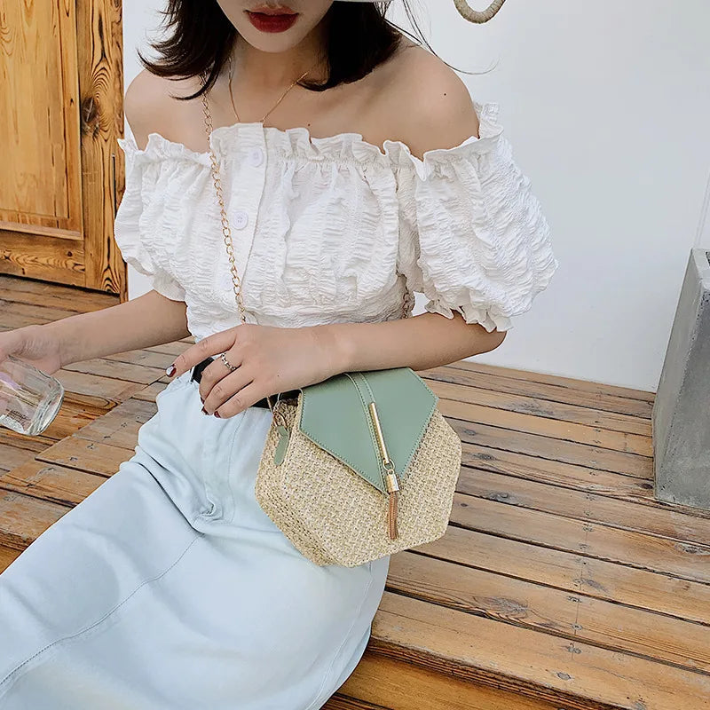 Shape Straw PU Leather Handbag Women Summer Rattan Bag Handmade Woven Beach Bohemia Chain Strap Shoulder - LKBA