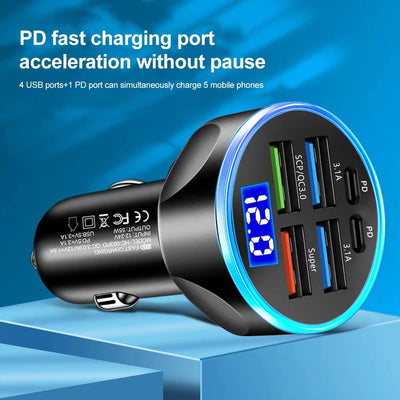 250W PD Car Charger QC3.0 Fast Charge two to Six Port Car Cigarette Lighter Plug Car Charger Flash Charge with Digital Display - LKBA