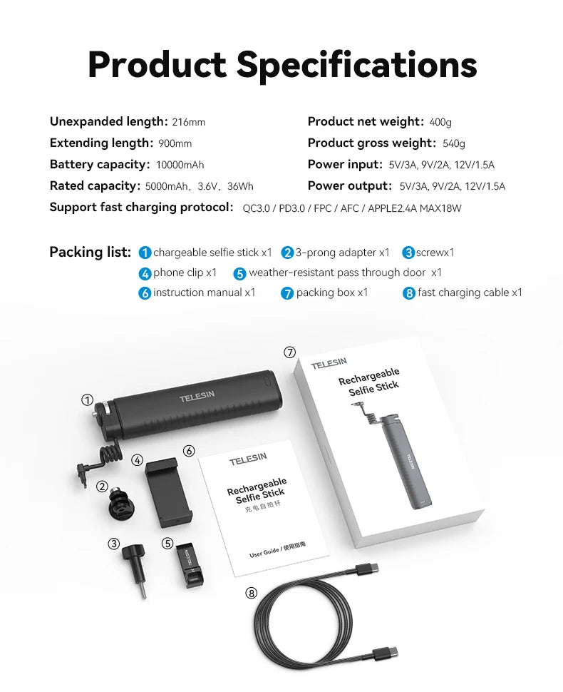 Selfie Stick QC/PD3.0 fast charging Power Selfie Stick 90CM Telescoping Selfie Pole with 1/4 Inch Screw - LKBA