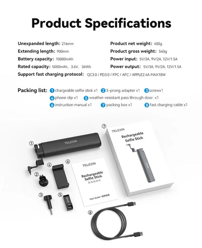 Selfie Stick QC/PD3.0 fast charging Power Selfie Stick 90CM Telescoping Selfie Pole with 1/4 Inch Screw - LKBA
