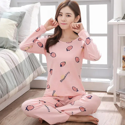 Autumn 2pieces Pyjamas Set Women Thin Sexy Sleepwear Lovely Home Suit 2025 Round Neck Girls Teacup Sleepwear Long Sleeve Pajamas - LKBA
