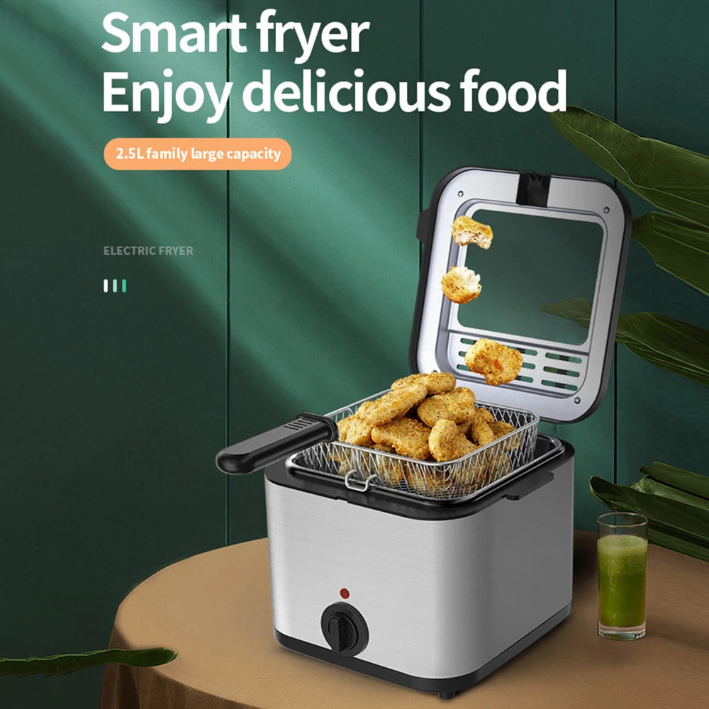 2.5L Electric Fryer Household Mini Electric Fryer 1000W Multiple Function Stainless Steel Fryer Kebab French Fries Machine - LKBA