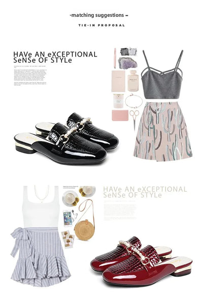 Summer New Pearl Painted Leather Low Heel Women's Slippers High Quality Flat Bottom Half Slippers Comfortable Fashionable - LKBA