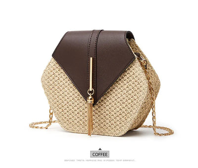 Shape Straw PU Leather Handbag Women Summer Rattan Bag Handmade Woven Beach Bohemia Chain Strap Shoulder - LKBA