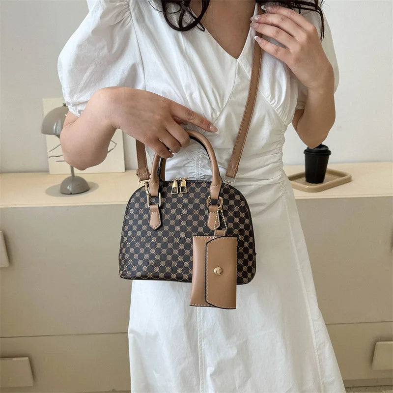 Luxury Shell Fashion Women's Handbag Simple Shoulder Bag Plaid Print Crossbody Bag with Mini Purse - LKBA