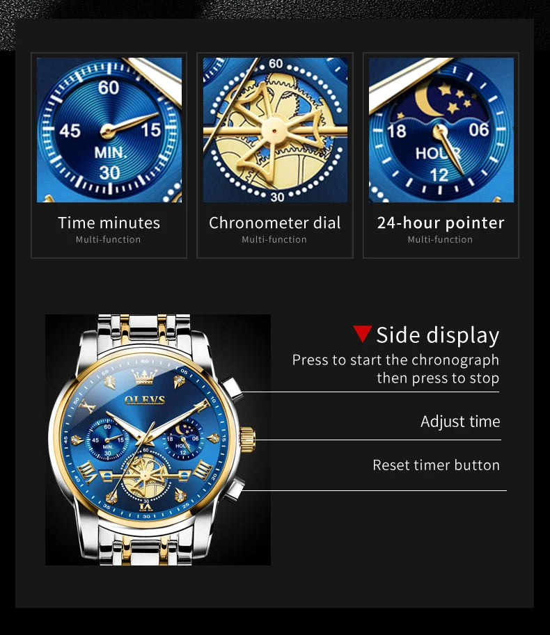 OLEVS 2856 Quartz Watch for Men Flywheel Skeleton Chronograph Moon Phase Multifunctional Stainless steel Men's Wristwatches - LKBA