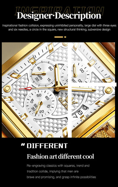 OLEVS Luxury Classic Men's Watches Top Brand Original Quartz Square Quartz Watch for Man Leather Strap Waterproof Luminous Date - LKBA